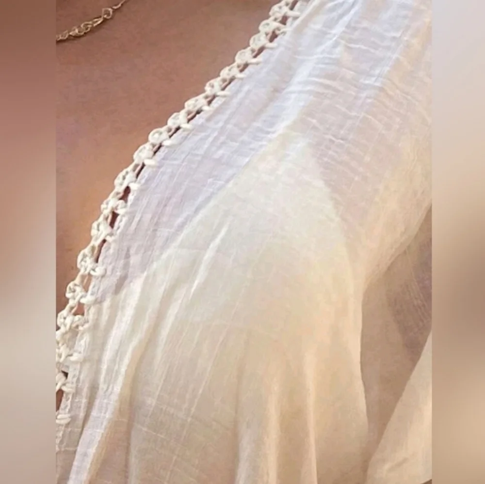 New Boho Chic Crochet Fringe Tassel Cover Up Kimono Cardigan Beige Tan - Picture 6 of 9